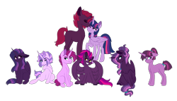 Size: 2272x1292 | Tagged: safe, artist:saphi-boo, imported from derpibooru, tempest shadow, twilight sparkle, twilight sparkle (alicorn), oc, alicorn, pegasus, pony, unicorn, my little pony: the movie, alicorn oc, broken horn, eyes closed, female, group, lesbian, magical lesbian spawn, next generation, nuzzling, offspring, parent:tempest shadow, parent:twilight sparkle, parents:tempestlight, shipping, simple background, tempestlight, transparent background
