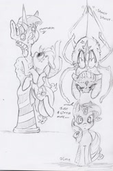 Size: 1634x2471 | Tagged: safe, artist:dilarus, deleted from derpibooru, imported from derpibooru, applejack, rarity, twilight sparkle, twilight sparkle (alicorn), alicorn, earth pony, monster pony, original species, pony, spider, spiderpony, unicorn, comic:the many faces of twilight sparkle, barber pole, dialogue, monochrome, species swap, traditional art, twispider, wat