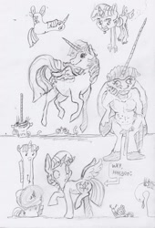 Size: 1653x2436 | Tagged: safe, artist:dilarus, deleted from derpibooru, imported from derpibooru, twilight sparkle, alicorn, centaur, snail, comic:the many faces of twilight sparkle, butt wings, monochrome, not salmon, species swap, traditional art, twilight sparkle (alicorn), wat