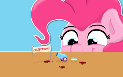 Size: 1280x800 | Tagged: safe, artist:ljdamz1119, imported from derpibooru, pinkie pie, ant, pony, school daze, cake, celebration, confetti, food, hat, party cannon, party hat, ponk, the world's smallest party cannon, tiny