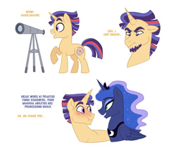 Size: 1024x872 | Tagged: safe, artist:cascayd, imported from derpibooru, princess luna, oc, oc:starswirl, alicorn, pony, beard, blushing, character study, colt, dialogue, facial hair, male, next generation, offspring, parent:flash sentry, parent:twilight sparkle, parents:flashlight, scrunchy face, simple background, telescope, text, white background