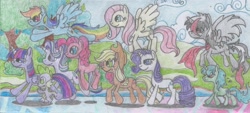 Size: 2482x1121 | Tagged: safe, artist:nephilim rider, imported from derpibooru, applejack, fluttershy, pinkie pie, rainbow dash, rarity, spike, starlight glimmer, twilight sparkle, twilight sparkle (alicorn), oc, oc:heaven lost, oc:sparkbolt, alicorn, mane six, traditional art, tree