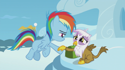 Size: 1920x1080 | Tagged: safe, imported from derpibooru, screencap, gilda, rainbow dash, griffon, pegasus, pony, the lost treasure of griffonstone, chickub, cute, dashabetes, female, filly, filly rainbow dash, gildadorable, looking at each other, younger