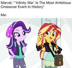 Size: 2041x1946 | Tagged: safe, edit, edited screencap, imported from derpibooru, screencap, starlight glimmer, sunset shimmer, equestria girls, mirror magic, spoiler:eqg specials, avengers, avengers: infinity war, geode of empathy, meme