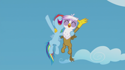 Size: 1920x1080 | Tagged: safe, imported from derpibooru, screencap, gilda, rainbow dash, griffon, pegasus, pony, the lost treasure of griffonstone, chickub, cute, dashabetes, duo, eyes closed, female, filly, flying, gildadorable, junior speedsters chant, singing