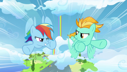 Size: 1280x720 | Tagged: safe, imported from derpibooru, screencap, lightning dust, rainbow dash, pegasus, pony, wonderbolts academy, cloud, duo, female, flying, looking at each other, mare, one eye closed, rainbow waterfall, speed lines, wink