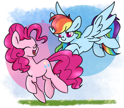 Size: 1150x1000 | Tagged: safe, artist:chautung, imported from derpibooru, pinkie pie, rainbow dash, earth pony, pegasus, pony, eyes closed, female, flying, happy, laughing, lesbian, mare, open mouth, pinkiedash, shipping, smiling