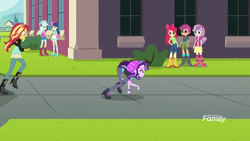 Size: 1280x720 | Tagged: safe, imported from derpibooru, screencap, apple bloom, bon bon, lyra heartstrings, scootaloo, starlight glimmer, sunset shimmer, sweetie belle, sweetie drops, equestria girls, mirror magic, spoiler:eqg specials, boots, canterlot high, clothes, cutie mark crusaders, high heel boots, humans doing horse things, jacket, leather jacket, majestic as fuck, raised leg, sandals, shoes, socks