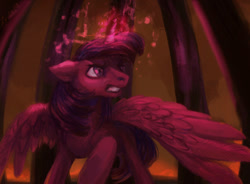 Size: 900x662 | Tagged: safe, artist:lusille, imported from derpibooru, twilight sparkle, alicorn, pony, my little pony: the movie, angry, cage, female, glowing horn, gritted teeth, horn, lava, magic, mare, scene interpretation, solo, spread wings, twilight sparkle (alicorn), wings