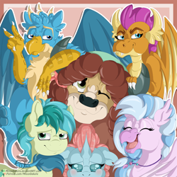 Size: 1500x1500 | Tagged: safe, artist:missydakota, imported from derpibooru, gallus, ocellus, sandbar, silverstream, smolder, yona, changedling, changeling, classical hippogriff, dragon, earth pony, griffon, hippogriff, pony, yak, school daze, dragoness, female, looking at you, peace sign, smiling, student six