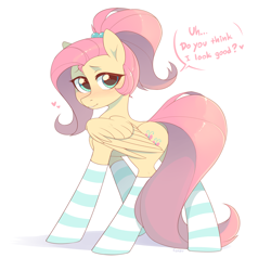 Size: 3000x3000 | Tagged: safe, artist:fensu-san, imported from derpibooru, fluttershy, pegasus, pony, adorasexy, alternate hairstyle, bronybait, clothes, cute, dialogue, female, looking at you, looking back, looking back at you, mare, sexy, shyabetes, simple background, socks, solo, stockings, striped socks, text, thigh highs, white background