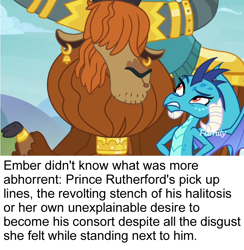 Size: 922x944 | Tagged: safe, imported from derpibooru, screencap, prince rutherford, princess ember, yak, school daze, cloven hooves, disgusted, female, flirting, halitosis, male, ponestrip, smell