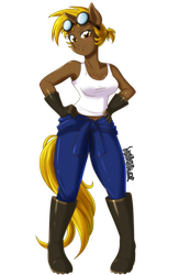 Size: 3333x5100 | Tagged: safe, artist:danmakuman, imported from derpibooru, oc, oc only, oc:golden gear, anthro, plantigrade anthro, unicorn, armpits, boots, breasts, cleavage, clothes, commission, female, gloves, goggles, hand on hip, looking at you, mare, shoes, simple background, smiling, solo, tanktop, transparent background