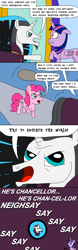 Size: 1000x3200 | Tagged: safe, artist:bjdazzle, imported from derpibooru, chancellor neighsay, pinkie pie, twilight sparkle, alicorn, school daze, comic, confused, maurice lamarche, pinky and the brain, portal, school of friendship, scrunchy face, season 8 homework assignment, twilight sparkle (alicorn), voice actor joke