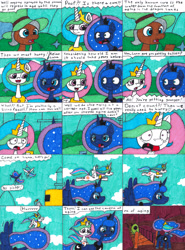 Size: 3244x4395 | Tagged: safe, artist:eternaljonathan, imported from derpibooru, mr. greenhooves, princess celestia, princess luna, alicorn, age regression, bridge, butt, canterlot, comic, dragon lands, flying, garden, hazmat suit, ink, plot, royal sisters, traditional art