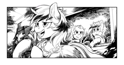 Size: 2550x1350 | Tagged: safe, artist:halley-valentine, artist:hobbes-maxwell, imported from derpibooru, oc, oc:homage, oc:littlepip, oc:velvet remedy, pony, unicorn, fallout equestria, fallout equestria illustrated, black and white, blushing, clothes, dress, ear fluff, fanfic, fanfic art, female, grayscale, hoof hold, hooves, horn, jumpsuit, mare, microphone, monochrome, open mouth, pipbuck, recording studio, singing, teeth, tenpony tower, vault suit