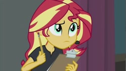 Size: 1280x720 | Tagged: safe, imported from derpibooru, screencap, sunset shimmer, all the world's off stage, equestria girls, equestria girls series, choose your own ending (season 1), clipboard, director shimmer, female, pencil, serious, solo, theater