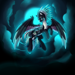 Size: 3333x3333 | Tagged: safe, artist:airiniblock, imported from derpibooru, oc, oc only, oc:alpine apotheon, pegasus, pony, colored wings, colored wingtips, feathered mane, female, flying, looking at you, mare, moon, night, night sky, rcf community, sky, smiling, solo, ych result