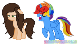 Size: 1216x690 | Tagged: safe, artist:diamond-chiva, artist:gamingthunder, deleted from derpibooru, imported from derpibooru, oc, oc only, oc:artistic melody, oc:rainbowblazie, alicorn, pegasus, pony, alicorn oc, base used, female, male, mare, rainbow hair, raised hoof, simple background, stallion, transparent background