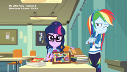 Size: 1920x1080 | Tagged: safe, imported from derpibooru, screencap, rainbow dash, sci-twi, twilight sparkle, equestria girls, equestria girls series, the last day of school, adorkable, chair, cute, dork, female, geode of super speed, geode of telekinesis, looking at you, magical geodes, table