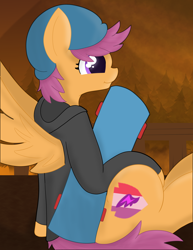 Size: 2550x3300 | Tagged: safe, artist:skyflys, imported from derpibooru, scootaloo, clothes, cute, female, older, older scootaloo, sitting, skateboard, solo, spread wings, wings