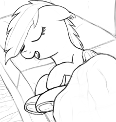 Size: 1028x1078 | Tagged: safe, artist:nuxersopus, imported from derpibooru, bat pony, pony, blanket, couch, monochrome, sleeping, solo