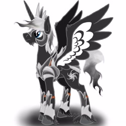 Size: 1250x1250 | Tagged: safe, imported from derpibooru, oc, oc:king yang, alicorn, armor, black and white, chest plate, concept art, crown, fantasy class, grayscale, guardian, helmet, horn, jewelry, king, knight, male, monochrome, regalia, ruler, stallion, warrior, wings, yin-yang