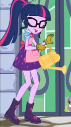 Size: 1242x2208 | Tagged: safe, imported from derpibooru, screencap, sci-twi, spike, spike the regular dog, twilight sparkle, dog, equestria girls, equestria girls series, my little shop of horrors, apron, boots, celestia's house, clothes, cute, eyes closed, female, glasses, gloves, open mouth, ponytail, shoes, solo, solo focus, twiabetes, watering can