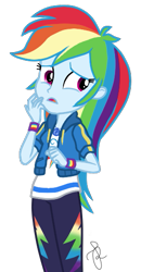 Size: 277x534 | Tagged: safe, artist:ilaria122, imported from derpibooru, rainbow dash, equestria girls, equestria girls series, the last day of school, clothes, cute, dashabetes, geode of super speed, magical geodes, pants, shirt, simple background, t-shirt, transparent background, unsure