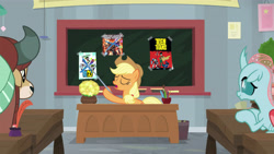 Size: 5334x3000 | Tagged: safe, edit, edited screencap, imported from derpibooru, screencap, applejack, ocellus, yona, school daze, chalkboard, exploitable, justice league vs teen titans, teen titans, teen titans go