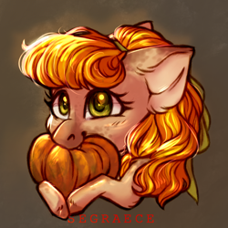 Size: 1500x1500 | Tagged: safe, artist:segraece, imported from derpibooru, oc, oc only, pony, abstract background, bust, chibi, commission, female, mare, portrait, pumpkin, solo, unshorn fetlocks