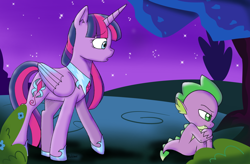 Size: 1914x1258 | Tagged: safe, artist:emositecc, artist:riukime, imported from derpibooru, spike, twilight sparkle, alicorn, pony, alternate cutie mark, alternate eye color, alternate universe, female, night, tree, twilight sparkle (alicorn)