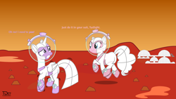 Size: 3556x2000 | Tagged: safe, artist:thunderdasher07, imported from derpibooru, pinkie pie, twilight sparkle, alicorn, earth pony, pony, astronaut, desperation, diaper, diaper fetish, diaper under clothes, fanart mashup challenge, female, fetish, mars, maximum absorbency garment, need to pee, non-baby in diaper, omorashi, potty dance, potty emergency, potty time, space, spacesuit, story included, trotting in place, twilight sparkle (alicorn)