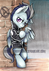 Size: 600x877 | Tagged: safe, artist:pingwinowa, imported from derpibooru, rumble, pony, clothes, colt, jacket, james dean, leaning back, male, rebel without a cause, solo, traditional art, watermark