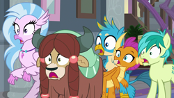 Size: 1280x720 | Tagged: safe, imported from derpibooru, screencap, gallus, sandbar, silverstream, smolder, yona, classical hippogriff, dragon, earth pony, griffon, hippogriff, pony, yak, school daze, male, reaction image, shocked, stallion