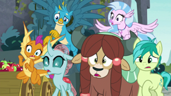 Size: 1280x720 | Tagged: safe, imported from derpibooru, screencap, gallus, ocellus, sandbar, silverstream, smolder, yona, changedling, changeling, classical hippogriff, dragon, earth pony, griffon, hippogriff, pony, yak, school daze, female, male, reaction image, stallion, student six