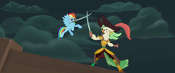 Size: 1920x804 | Tagged: safe, imported from derpibooru, screencap, captain celaeno, rainbow dash, anthro, parrot, parrot pirates, pegasus, pony, my little pony: the movie, amputee, anthro with ponies, feather, gem, hat, jewel, mouth hold, peg leg, pirate, pirate hat, pirate rainbow dash, prosthetic leg, prosthetic limb, prosthetics, saber, sword, sword fight, time to be awesome, weapon