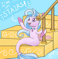 Size: 955x974 | Tagged: safe, artist:sunnytp, imported from derpibooru, silverstream, seapony (g4), school daze, blue background, female, seapony silverstream, simple background, solo, stairs, that hippogriff sure does love stairs