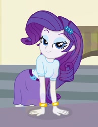 Size: 786x1016 | Tagged: safe, artist:tabrony23, imported from derpibooru, rarity, equestria girls, bedroom eyes, bracelet, clothes, female, hairpin, jewelry, looking at you, show accurate, skirt, smiling, solo