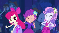 Size: 1539x866 | Tagged: safe, imported from derpibooru, screencap, apple bloom, curly winds, mystery mint, rose heart, scootaloo, scott green, scribble dee, some blue guy, sweet leaf, sweetie belle, teddy t. touchdown, equestria girls, equestria girls (movie), adorabloom, apple bloom's bow, background human, bow, canterlot high, cute, cutealoo, cutie mark crusaders, dancing, diasweetes, fall formal, fall formal outfits, female, hair bow, party, this is our big night, trio, trio female