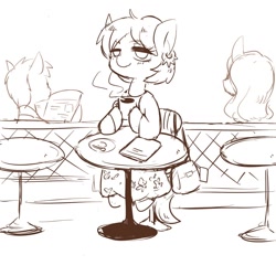 Size: 800x800 | Tagged: safe, artist:grimbloody, imported from derpibooru, bat pony, earth pony, pony, cafe, clothes, cute, dress, ear piercing, earring, female, jewelry, male, mare, monochrome, piercing, purse, sitting, stallion, table