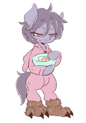 Size: 699x1000 | Tagged: safe, artist:grimbloody, imported from derpibooru, oc, oc only, earth pony, semi-anthro, animal slippers, bipedal, cereal, clothes, cute, female, food, freckles, mare, mole, pajamas, simple background, slippers, solo, white background