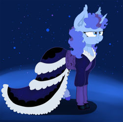 Size: 3732x3704 | Tagged: safe, artist:paskanaakka, derpibooru exclusive, imported from derpibooru, oc, oc only, oc:midnight dew, pony, unicorn, clothes, colored hooves, dress, ear fluff, female, grumpy, mare, night, nose wrinkle, solo, stars, unshorn fetlocks