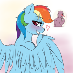 Size: 2000x2000 | Tagged: dead source, safe, artist:evomanaphy, imported from derpibooru, rainbow dash, pegasus, pony, blushing, female, grin, heart, looking at you, looking back, looking back at you, mare, smiling, solo