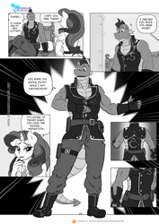 Size: 1200x1697 | Tagged: safe, artist:pia-sama, imported from derpibooru, rarity, spike, anthro, comic:rogue diamond, bed, belt, blushing, boots, clothes, comic, eyes on the prize, fingerless gloves, gloves, monochrome, shoes, sweat, sweatdrop, vest