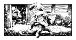 Size: 2550x1350 | Tagged: safe, artist:halley-valentine, artist:hobbes-maxwell, imported from derpibooru, oc, oc only, oc:homage, oc:littlepip, pony, unicorn, fallout equestria, fallout equestria illustrated, black and white, clothes, crying, cutie mark, drugs, duo, ear fluff, eyes closed, fanfic, fanfic art, female, floppy ears, grayscale, hooves, horn, jumpsuit, lesbian, mare, mint-als, monochrome, oc x oc, party time mintals, pipbuck, pipmage, shipping, sitting, tenpony tower, vault suit