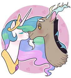 Size: 1600x1753 | Tagged: safe, artist:whisperseas, imported from derpibooru, discord, princess celestia, bust, dislestia, eyes closed, female, kissing, male, shipping, simple background, straight, transparent background