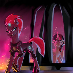 Size: 2000x2000 | Tagged: safe, artist:mylittlegodzilla, imported from derpibooru, tempest shadow, twilight sparkle, alicorn, pony, unicorn, my little pony: the movie, armor, broken horn, cage, crying, female, mare, open up your eyes, scene interpretation, sparking horn, twilight sparkle (alicorn)