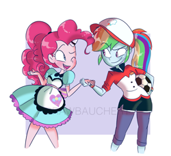 Size: 1909x1740 | Tagged: safe, artist:drawbauchery, imported from derpibooru, pinkie pie, rainbow dash, coinky-dink world, epic fails (equestria girls), eqg summertime shorts, equestria girls, ball, clothes, cute, female, hat, holding hands, lesbian, looking at each other, one eye closed, open mouth, pinkiedash, raised eyebrow, server pinkie pie, shipping, smiling, waitress, watermark, wink