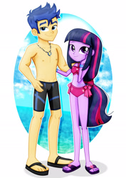 Size: 1600x2263 | Tagged: safe, artist:jucamovi1992, imported from derpibooru, flash sentry, twilight sparkle, equestria girls, belly, belly button, bikini, clothes, feet, female, flashlight, flip-flops, male, male nipples, midriff, nipples, nudity, partial nudity, sandals, shipping, smiling, straight, swimming trunks, swimsuit, topless